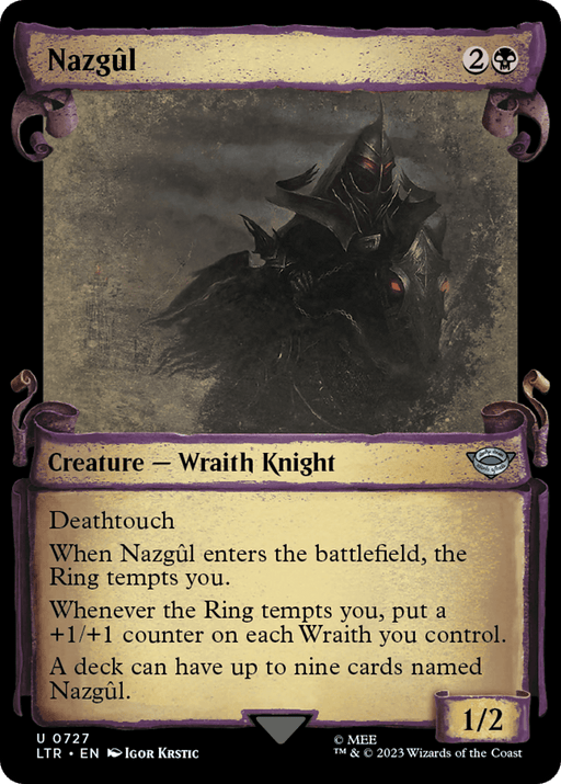 A Magic: The Gathering card named Nazgul (0727) [The Lord of the Rings: Tales of Middle-Earth Showcase Scrolls] from the Middle-Earth Showcase, featuring artwork of a dark, menacing Wraith Knight holding a sword. With a mana cost of 2 colorless and 1 black, it boasts Deathtouch and Ring-triggered effects. You can have up to nine Nazgul cards. Power/Toughness: 1