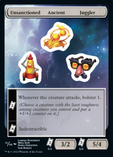 A Magic: The Gathering card titled "Unsanctioned Ancient Juggler [Unfinity Stickers]" features a whimsical image of juggling items including a rubber chicken, a toy fire hydrant, and Groucho Marx glasses. With 3/2 power and toughness, it boasts an indestructible ability and the bolster 1 mechanic, enhanced by Unfinity Stickers.