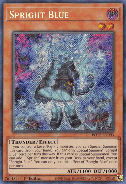A "Spright Blue [POTE-EN003] Secret Rare" Yu-Gi-Oh! trading card with ID: POTE-EN003 from the Power of the Elements series. The image shows a futuristic, armored blue robot emitting electricity. The border has a metallic, holographic finish. The text box details a Thunder/Effect Monster with 1100 ATK and 1000 DEF.