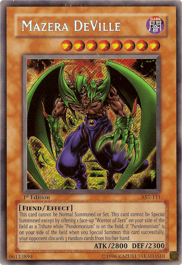 A "Yu-Gi-Oh!" Mazera DeVille [AST-111] Secret Rare card from the Ancient Sanctuary set. The Secret Rare card shows a fierce, dark fiend with large horns, green skin, and tattered bat-like wings. It has 8 red-orange stars at the top, a "DARK" attribute icon, and stats of ATK/2800 and DEF/2300.