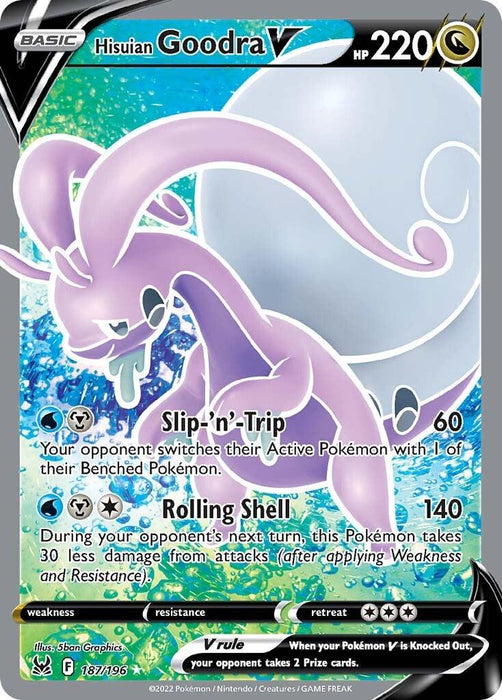 A Pokémon card featuring **Hisuian Goodra V (187/196) [Sword & Shield: Lost Origin] by Pokémon** with 220 HP. The card includes two attacks: "Slip-'n'-Trip" which does 60 damage and causes the opponent to switch their Active Pokémon with one of their Benched Pokémon, and "Rolling Shell" which does 140 damage and reduces damage taken by 30 during the opponent’s next turn. Part of the Lost