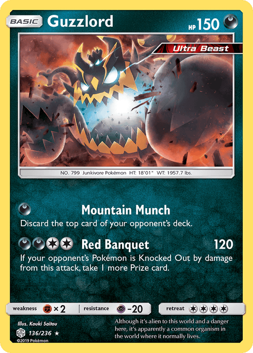A Pokémon trading card for Guzzlord (136/236) [Sun & Moon: Cosmic Eclipse]. The card borders are yellow, and the character image features Guzzlord, a dark, monstrous figure with glowing eyes and a gaping mouth. It has 150 HP. As a Holo Rare card from Sun & Moon: Cosmic Eclipse, it includes attacks "Mountain Munch" and "Red Banquet." Card number: 136/236.