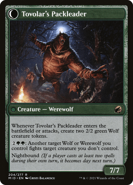 The image is a Magic: The Gathering card titled "Tovolar's Huntmaster // Tovolar's Packleader [Secret Lair: From Cute to Brute]." It depicts a large, menacing werewolf in a dark forest. The card is green with a power/toughness of 7/7. Below are various game mechanics and abilities, with a distinct illustration by Cristi Balanescu on the top. Part of Secret Lair.