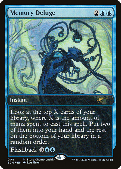 The Rare card "Memory Deluge" from the Magic: The Gathering brand is an Instant spell featured in Store Championships 2023. It requires 2 blue and 2 generic mana to cast and depicts an ethereal, abstract figure with swirling blue and dark navy colors. The card text outlines the spell's effects along with its flashback cost, making it a highlight of the championships.