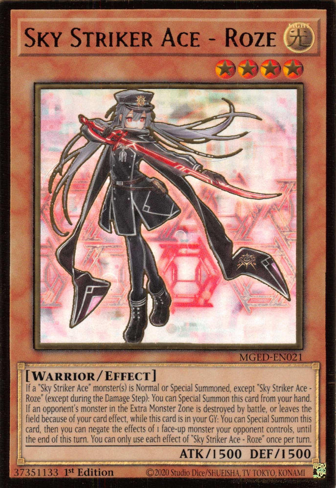 A "Sky Striker Ace - Roze [MGED-EN021] Gold Rare" Yu-Gi-Oh! card from Maximum Gold: El Dorado features the character Roze, a warrior with white hair and futuristic black armor, holding two swords. This Effect Monster has 1500 ATK and 1500 DEF stats and describes a special effect if specific conditions are met. It is a 1st Edition card numbered MG