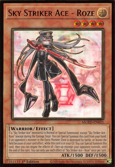 A "Sky Striker Ace - Roze [MGED-EN021] Gold Rare" Yu-Gi-Oh! card from Maximum Gold: El Dorado features the character Roze, a warrior with white hair and futuristic black armor, holding two swords. This Effect Monster has 1500 ATK and 1500 DEF stats and describes a special effect if specific conditions are met. It is a 1st Edition card numbered MG