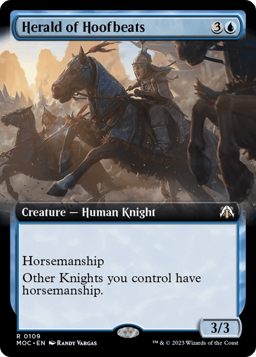 The image depicts a Magic: The Gathering card titled "Herald of Hoofbeats (Extended Art) [March of the Machine Commander]," featuring a Human Knight Creature on horseback, galloping at the forefront of a cavalry charge. Costing 3U mana, it has horsemanship and grants Knights you control the same ability. With 3/3 power and toughness, the art is by Randy Vargas.