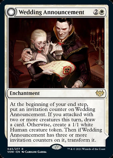 A Magic: The Gathering card titled "Wedding Announcement // Wedding Festivity" from Innistrad: Crimson Vow. The card depicts a vampire couple in elegant, dark attire. The man reads from a glowing book while the woman smiles. As an enchantment, its mechanics include creating tokens and drawing cards, set number 045/277.