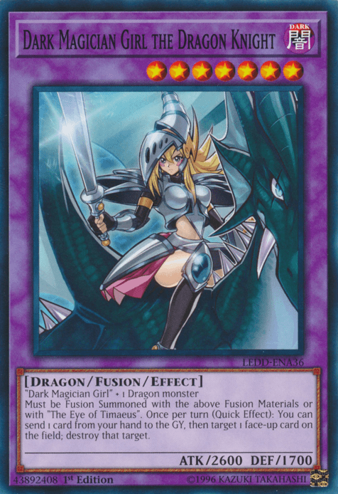 A Yu-Gi-Oh! trading card portraying "Dark Magician Girl the Dragon Knight [LEDD-ENA36] Common," part of the Legendary Dragon Decks. The purple card signifies it as a Fusion/Effect Monster. The artwork features a female spellcaster wielding a lance and riding a dragon, with attack and defense stats of 2600 and 1700 respectively.


