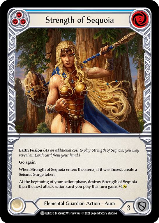 Illustrated card from the game Flesh And Blood, "Strength of Sequoia (Blue) [ELE030] (Tales of Aria) 1st Edition Rainbow Foil." It features a muscular, armored Elemental Guardian wielding a hammer and staff amid a forest setting. The card text describes Earth Fusion effects and gameplay mechanics that affect attack power and Seismic Surge tokens.