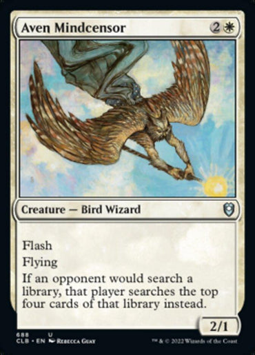 The "Aven Mindcensor" card from Magic: The Gathering's Commander Legends: Battle for Baldur's Gate series features artwork of a bird-like creature with expansive wings clutching a glowing orb amid a cloudy sky. This Bird Wizard boasts Flash and Flying abilities, while limiting opponents' searches, echoing strategic elements from Battle for Baldur’s Gate.