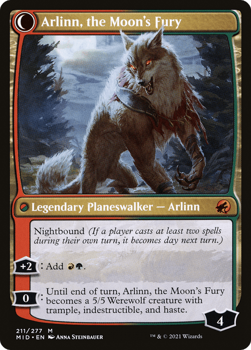 A Magic: The Gathering card named "Arlinn, the Pack's Hope // Arlinn, the Moon's Fury [Secret Lair: From Cute to Brute]" depicts a fierce werewolf under a full moon. This Mythic Legendary Planeswalker has abilities adding red and green mana, transforming into a 5/5 Werewolf creature with trample, indestructible, and haste.