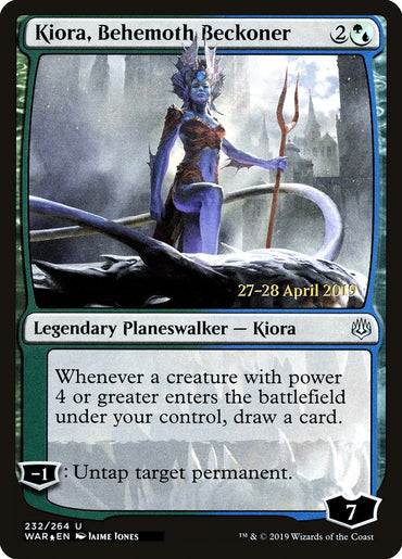 The image features a Magic: The Gathering card titled "Kiora, Behemoth Beckoner [War of the Spark Prerelease Promos]." It displays Kiora, a blue-skinned Legendary Planeswalker with tentacles wielding a trident. The card's ability states: "Whenever a creature with power 4 or greater enters the battlefield under your control, draw a card.