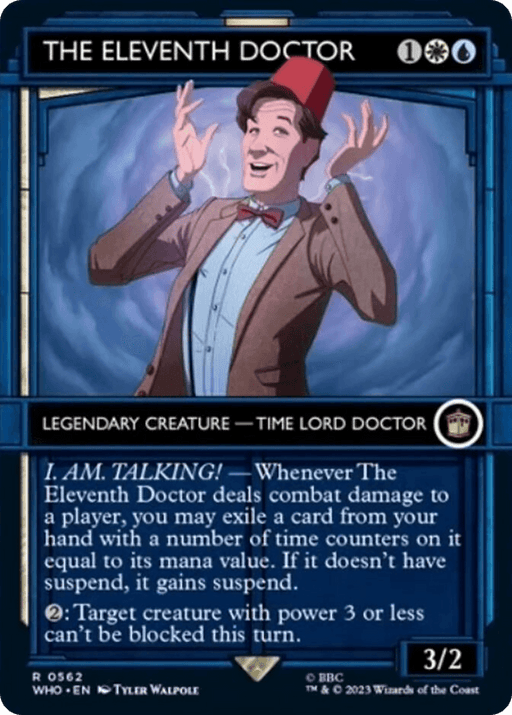 A Magic: The Gathering card features "The Eleventh Doctor (Showcase) [Doctor Who]," a legendary creature – Time Lord Doctor from Doctor Who. The illustration shows a jubilant man in a bowtie and fez. The card's abilities include exiling a card on combat damage and preventing creatures with power 3 or less from being blocked.