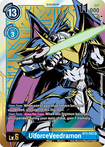 A Digimon card named UlforceVeedramon [BT2-032] (Alternate Art) from Release Special Booster Ver.1.5 features a blue and gold armored dragon-like creature with a long sword. This Super Rare card has a play cost of 13, a Digivolve cost of 3 from level 5, and 11,000 DP. It comes with special abilities detailed in the text.