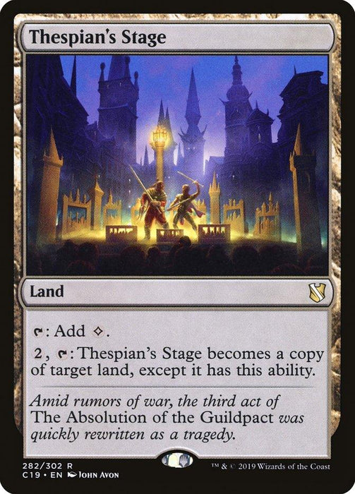 The image is a Magic: The Gathering card titled "Thespian's Stage [Commander 2019]," a rare land from the Commander 2019 series. It depicts two figures dueling on a stage in front of a dramatic, gothic cityscape with pointed towers and turrets. The card features abilities, a mana symbol, and lore about the Absolution of the Guildpact.
