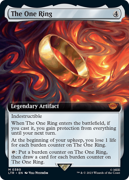 The image is of a Magic: The Gathering card named "The One Ring (Extended Art) [The Lord of the Rings: Tales of Middle-Earth]," a Mythic Legendary Artifact costing 4 mana to cast. It shows a golden ring floating with fiery light around it. The card text describes it as an indestructible artifact with abilities related to protection, burden counters, and card drawing.