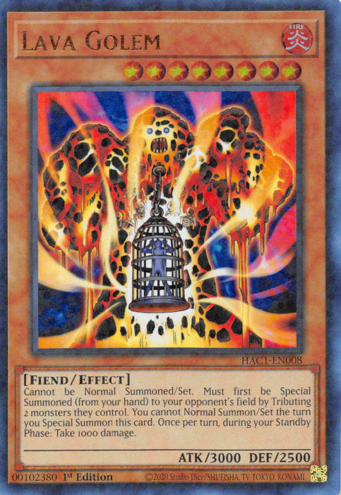A Yu-Gi-Oh! trading card titled "Lava Golem (Duel Terminal) [HAC1-EN008] Parallel Rare." This Parallel Rare features a fiery, molten rock creature with multiple ghastly faces. At the center is a trapped, dark figure within a cage. The effect monster has orange and yellow flames, with text detailing its summoning requirements and abilities.