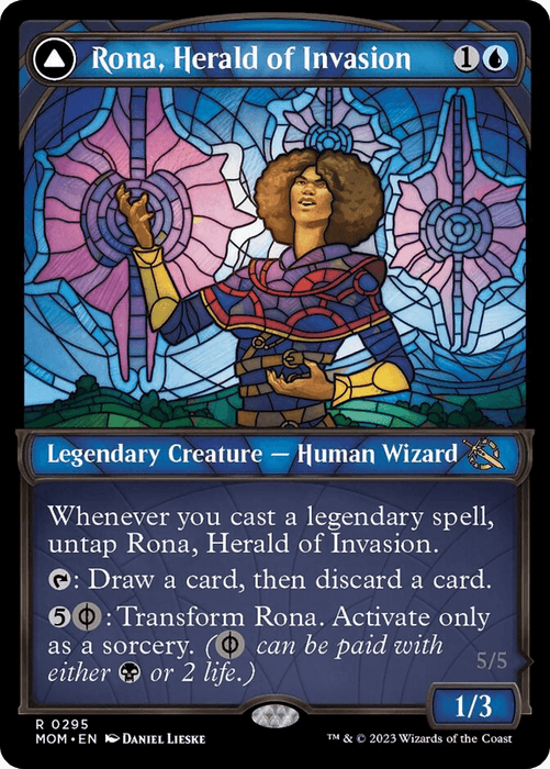 A Magic: The Gathering card featuring "Rona, Herald of Invasion // Rona, Tolarian Obliterator (Showcase Planar Booster Fun) [March of the Machine]," a Legendary Creature - Phyrexian Wizard. The card displays Rona, a figure with curly hair and ornate clothing, casting a spell with vibrant background art. The text details abilities related to legendary spells and transforming Rona. It costs one generic mana and one blue mana, with a power/toughness of 