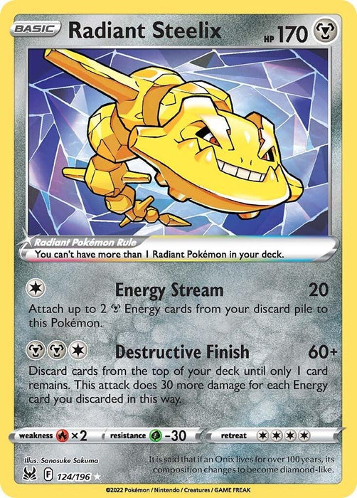 A Pokémon trading card for Radiant Steelix (124/196) [Sword & Shield: Lost Origin]. This Ultra Rare card from the Pokémon brand features an illustration of Radiant Steelix, a large serpent-like creature with a metallic, glowing yellow body. The card details include 170 HP, moves "Energy Stream" and "Destructive Finish," and various other attributes and game information.