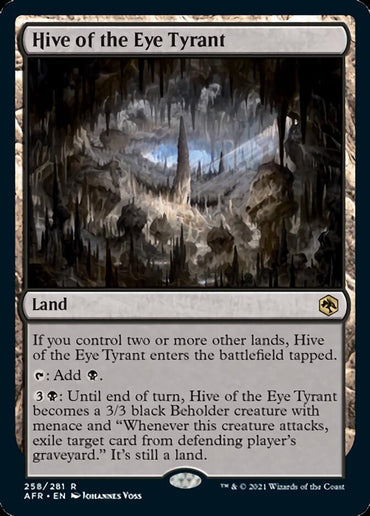 The image depicts the Magic: The Gathering "Hive of the Eye Tyrant [Dungeons & Dragons: Adventures in the Forgotten Realms]" card, a rare land illustrated with a dark, cave-like setting filled with spikes and central light. This Dungeons & Dragons crossover includes abilities like adding black mana and transforming into a 3/3 black Beholder creature until end of turn.