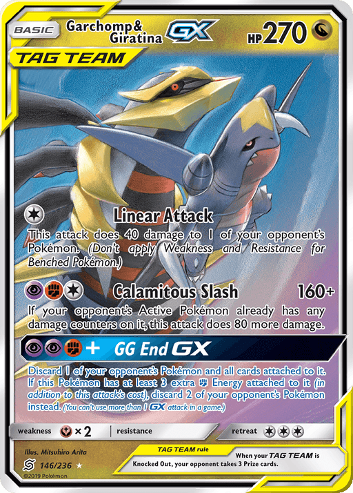 A Pokémon trading card featuring the Garchomp & Giratina GX (146/236) [Sun & Moon: Unified Minds] from Pokémon. It has 270 HP and includes attacks like "Linear Attack," "Calamitous Slash," and "GG End GX." The Dragon-type tag team is illustrated against a striking blue and yellow backdrop.