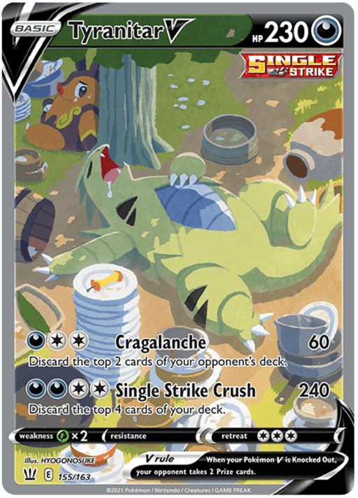 The image is of a Pokémon card for Tyranitar V (155/163) [Sword & Shield: Battle Styles]. Tyranitar V has 230 HP and features the moves Cragalanche and Single Strike Crush. It belongs to the Single Strike class with a background showing Tyranitar resting among discarded items. The card, number 155/163, is from Sword & Shield Battle Styles.