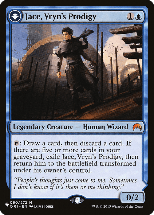 The Magic: The Gathering card showcases Jace, Vryn's Prodigy // Jace, Telepath Unbound [Secret Lair: From Cute to Brute]. A young male wizard in a gray cloak stands confidently on futuristic city streets with curving structures. Text reads “Mythic Legendary Creature — Human Wizard” with abilities and flavor text below. The card has a power/toughness of 0/2.