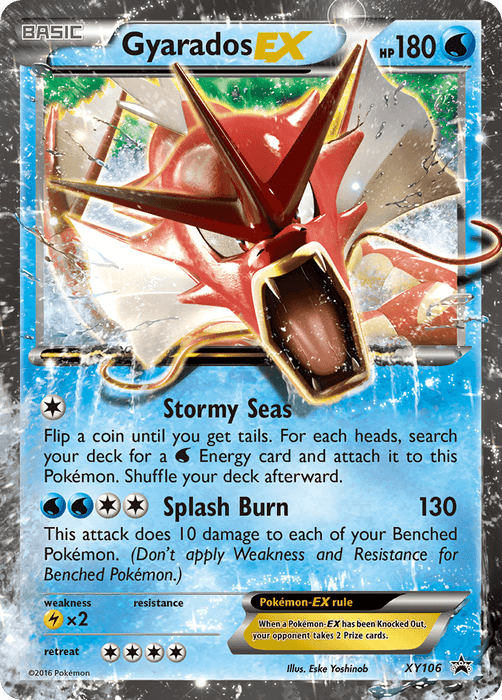 A Promo Pokémon trading card of Gyarados EX (XY106) [XY: Black Star Promos]. It features a red, sea monster-like creature with an open mouth and sharp teeth. The Water Type card has 180 HP and two moves: Stormy Seas and Splash Burn. Marked as Black Star Promos card number XY106, the background showcases a blue water effect with splashes surrounding the Pokémon.
