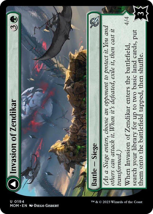 A Magic: The Gathering card titled "Invasion of Zendikar // Awakened Skyclave [March of the Machine]." The card features artwork of a dramatic mountainous landscape with a turbulent sky. Tentacle-like structures protrude from the ground. The card costs 3 generic mana and 1 green mana, and has a defense of 4. It is an uncommon "Battle — Siege" card.