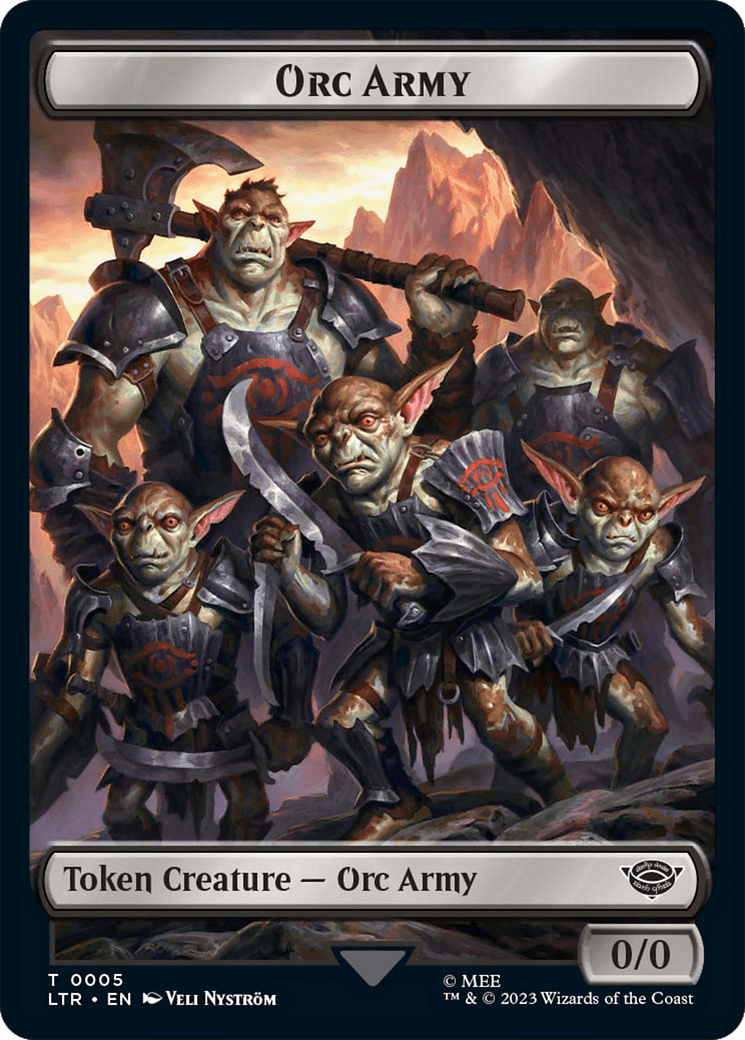 A group of six orcs wearing metal armor with red accents. They have greenish skin, large ears, and menacing expressions. One orc holds a large hammer, and another brandishes a sword. They stand on rocky terrain with a dramatic, fiery sky in the background. Text at the top reads 