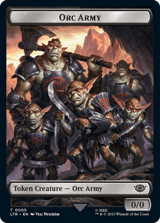 A group of six orcs wearing metal armor with red accents. They have greenish skin, large ears, and menacing expressions. One orc holds a large hammer, and another brandishes a sword. They stand on rocky terrain with a dramatic, fiery sky in the background. Text at the top reads "Token Creature: Orc Army," echoing the world of Tales of Middle-Earth.
Product Name: Orc Army (06) // Orc Army (05) Double-Sided Token [The Lord of the Rings: Tales of Middle-Earth Tokens]
Brand Name: Magic: The Gathering