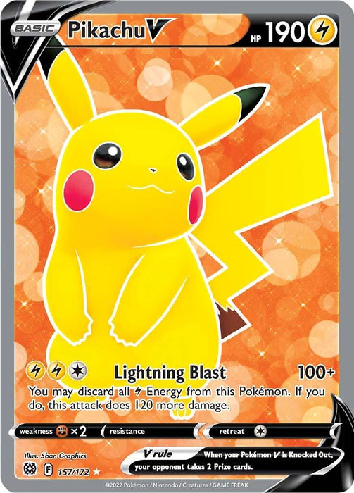 An image of a Pokémon trading card featuring Pikachu V (157/172) [Sword & Shield: Brilliant Stars] from Pokémon. Pikachu is centered, smiling with its signature yellow fur, pointy ears with black tips, and a lightning bolt-shaped tail. It has 190 HP and the move "Lightning Blast." Energetic background with lightning graphics. Numbered 157/172.