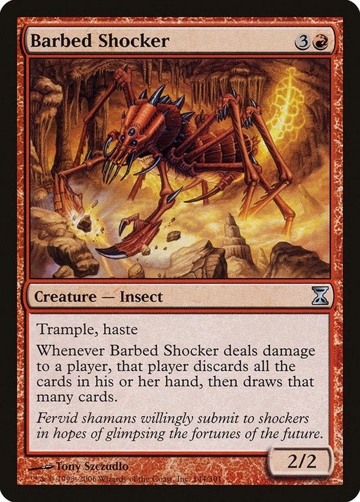 A Magic: The Gathering product, Barbed Shocker [Time Spiral], features a creature with a red border from the Time Spiral set. This Creature — Insect showcases barbs and sharp limbs in a rocky, cavernous environment. With abilities "Trample, haste," it forces a player to discard and draw cards upon damage. It's a 2/2 creature costing 4 mana.