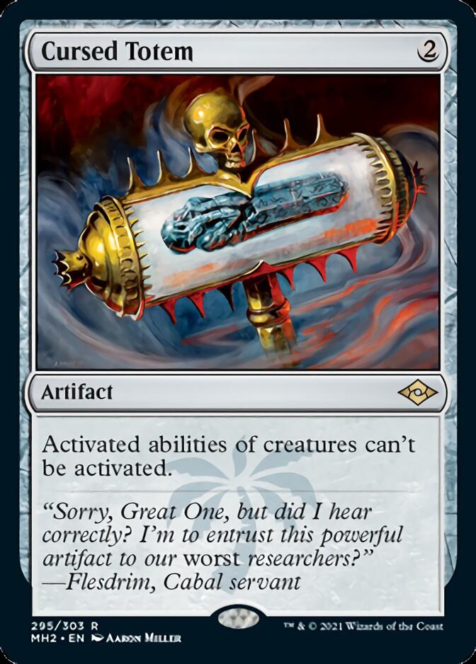 The image is a Magic: The Gathering card titled "Cursed Totem [Modern Horizons 2]," from the Modern Horizons 2 set. This rare artifact, costing 2 generic mana, prevents activated abilities of creatures from being used. The artwork depicts a menacing, spiked object with a skull and vertebra within, wrapped in chains. Text at the bottom features a quote from Flesdrim, Cabal