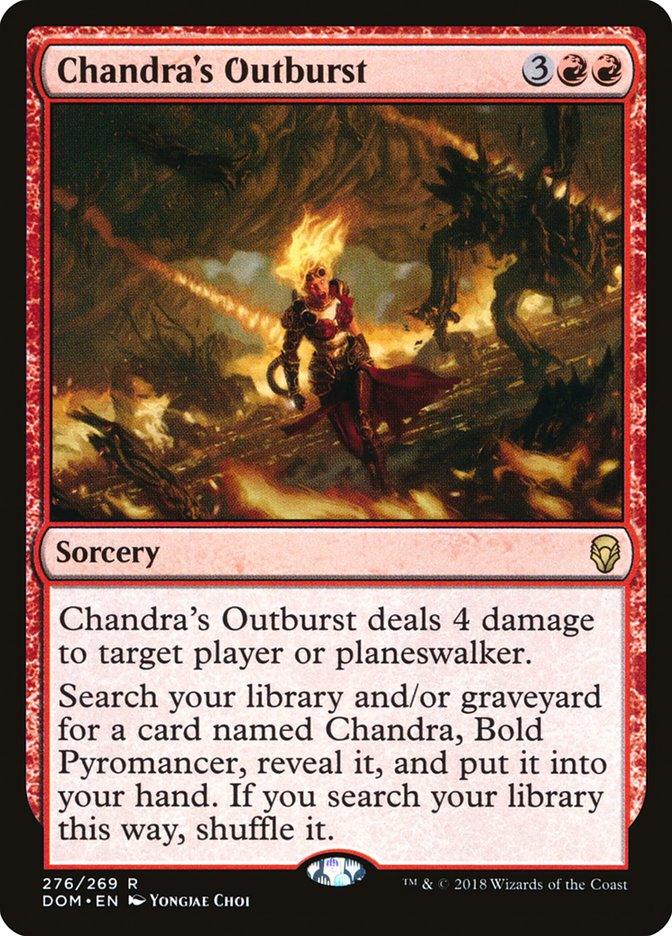 Chandra's Outburst" [Dominaria], a unique Magic: The Gathering card, showcases Chandra Nalaar wielding fire. Featuring a red border, this sorcery requires 3 generic and 2 red mana to cast, delivering fiery effects as described in the card.