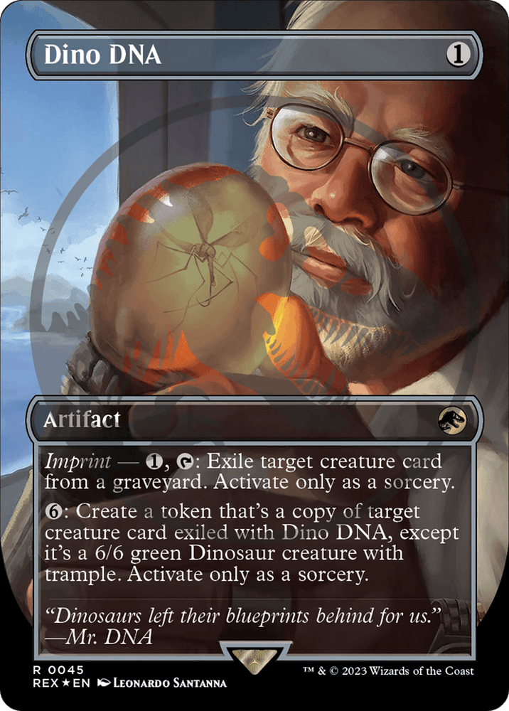 The image features a Magic: The Gathering card titled "Dino DNA Emblem (Borderless)" from the Jurassic World Collection Tokens. This artifact card has a casting cost of 1 colorless mana and showcases artwork of an elderly man with glasses holding a glowing amber sphere, reminiscent of the iconic fossilized Dinosaur creature from Jurassic World. The card's abilities pertain to creature tokens and exiled cards.