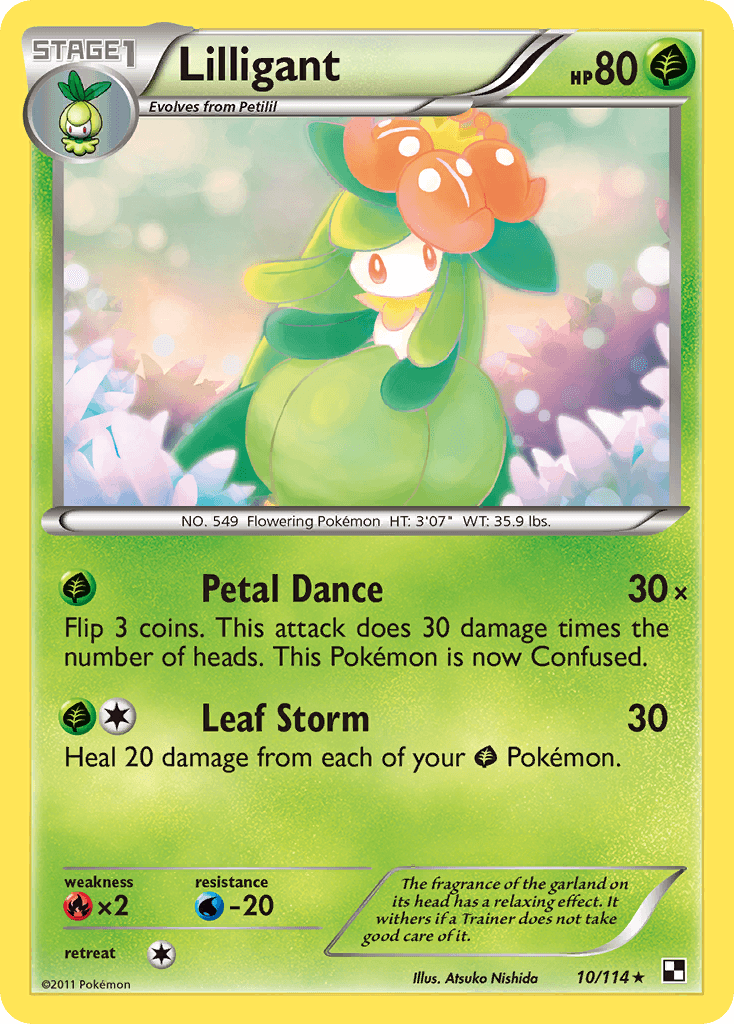 A rare Pokémon card from the Pokémon Black & White: Base Set featuring Lilligant. Lilligant, a Grass Type, is shown with green leaves and an orange flower on its head. It has moves Petal Dance and Leaf Storm, with 80 HP. The card has a green border and is numbered 10/114. Text at the bottom reads, 