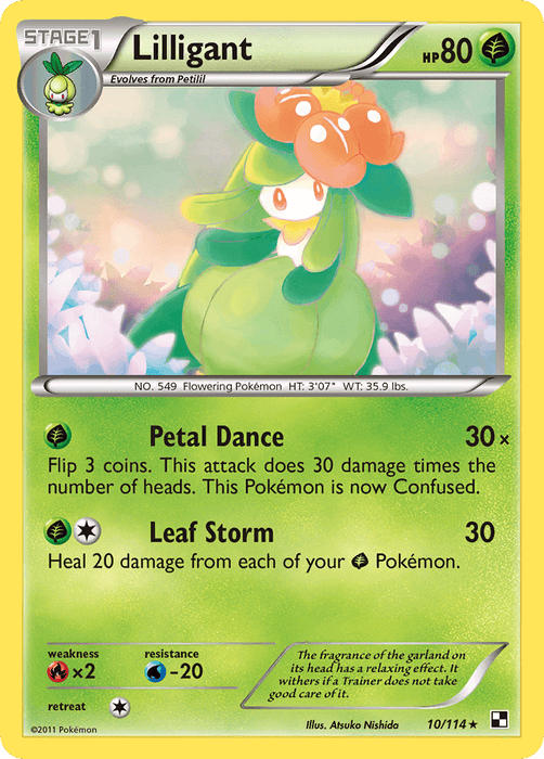 A rare Pokémon card from the Pokémon Black & White: Base Set featuring Lilligant. Lilligant, a Grass Type, is shown with green leaves and an orange flower on its head. It has moves Petal Dance and Leaf Storm, with 80 HP. The card has a green border and is numbered 10/114. Text at the bottom reads, "The fragrance of the garland on