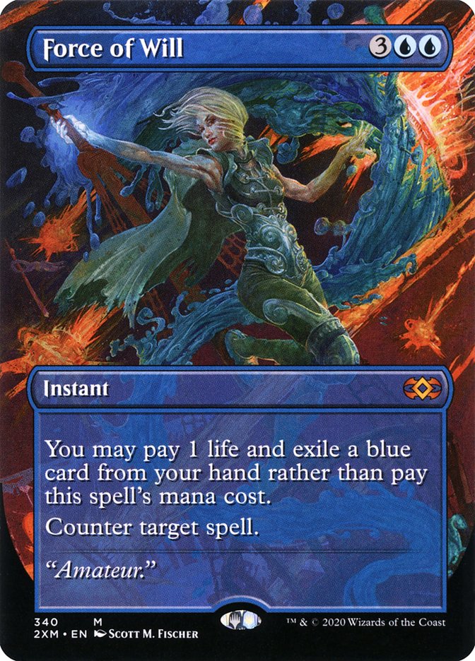 A Magic: The Gathering card titled "Force of Will (Toppers) [Double Masters]." This mythic instant blue card shows a mystical figure in green and gold armor casting a powerful spell, with swirling blue and red energy in the background. Featured in Double Masters, it allows you to pay life and exile a blue card instead of its mana cost to counter a spell.