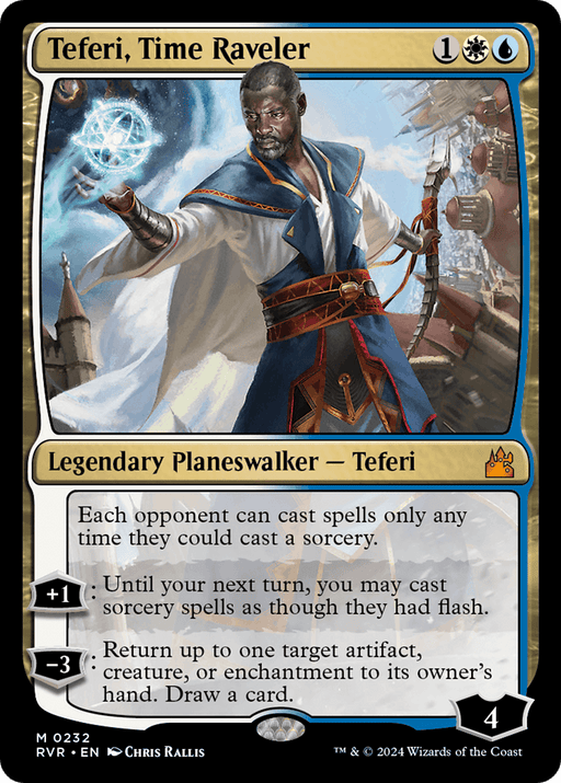 A Magic: The Gathering card titled "Teferi, Time Raveler [Ravnica Remastered]" showcases Teferi, a Legendary Planeswalker with dark skin, wearing a white and blue robe adorned with gold and red accents. Holding a glowing staff and casting a spell with an outstretched hand, the card features his abilities and stats. Artwork by Chris Rallis.