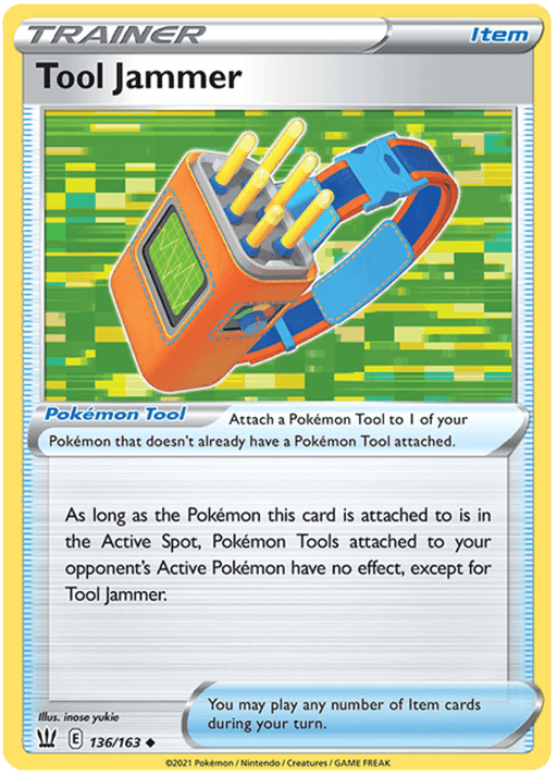 A Pokémon trading card titled "Tool Jammer (136/163)" from the Pokémon Sword & Shield: Battle Styles series with a holographic border. It depicts an orange and blue gadget with a green screen and red wiring. Text explains that this Trainer Item card is a Pokémon Tool that negates effects of other Pokémon Tools attached to the opponent’s Active Pokémon.