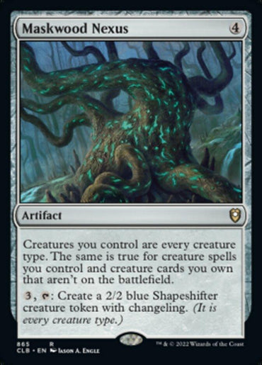 An artifact card from *Magic: The Gathering*, "Maskwood Nexus [Commander Legends: Battle for Baldur's Gate]" showcases a mystical, twisted tree with glowing blue-green eyes embedded in the bark. The card's text explains its function, detailing how it affects creatures and can generate blue Shapeshifter creature tokens with changeling.