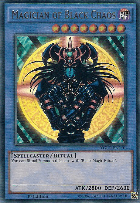 A "Magician of Black Chaos [YGLD-ENC01] Ultra Rare" Yu-Gi-Oh! card from Yugi's Legendary Decks. This Ultra Rare Ritual Monster features a dark, armored figure with long hair, ornate headgear, and a staff, encircled by a glowing green and gold symbol. Text below reads: "You can Ritual Summon this card with 'Black Magic Ritual.' ATK/2800
