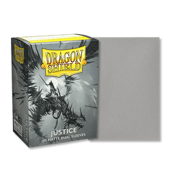 A box of Arcane Tinmen Dragon Shield: Standard 100ct Art Sleeves - Justice (Dual Matte) is seen alongside a single sleeve from the pack. The box features an illustration of a knight in black, spiked armor riding a dragon. Perfect for TCG cards, these dual matte sleeves display "Justice" on the front with "100 matte dual sleeves.