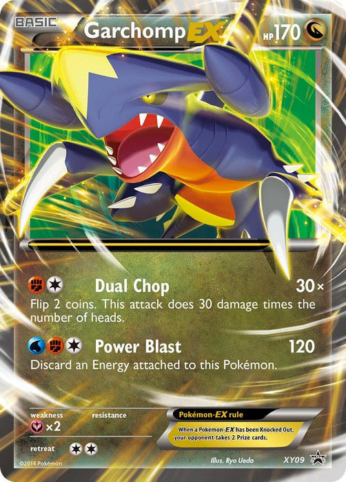 The image shows a Pokémon trading card featuring Garchomp EX (XY09) [XY: Black Star Promos]. The card has a green and yellow burst background with Garchomp, a purple and yellow dragon-like creature. As part of the Pokémon Black Star Promos series, it details 170 HP, the Dual Chop (30x damage) and Power Blast (120 damage) attacks, and an illustration by Ryo Ueda.