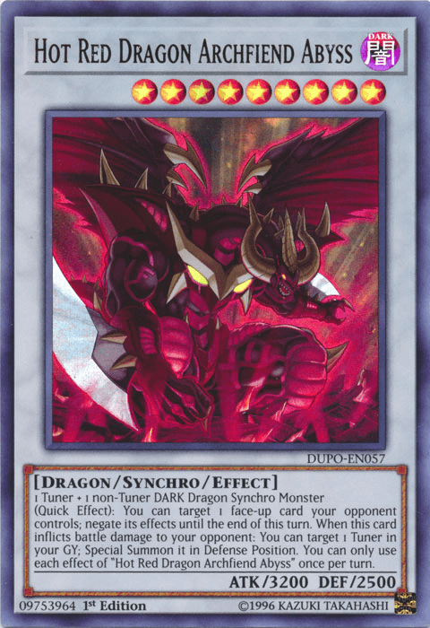 A Yu-Gi-Oh! trading card named "Hot Red Dragon Archfiend Abyss [DUPO-EN057] Ultra Rare." This Ultra Rare Synchro Monster features an illustration of a menacing dragon with red scales and black armor, surrounded by fiery graphics. The card text provides the monster's summoning conditions and effects, labeled "ATK/3200 DEF/2500.