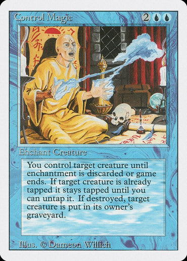 The "Control Magic [Revised Edition]" card from Magic: The Gathering features a robed, bald figure gesturing at a glowing creature silhouette, with mystical books, a skull, and candles in the room. The enchantment rules text is framed by a light blue border.