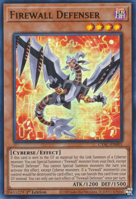 An image of the "Firewall Defenser [CYAC-EN001] Ultra Rare" Yu-Gi-Oh! trading card. This Cyberse monster features an armored, mechanical dragon-like creature with wings made of black panels. The background glows with a circuitry pattern. Text details the card's type (Dark/Cyberse/Effect) and its abilities. ATK: 1200, DEF: 1500.