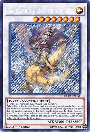 The image is of a Yu-Gi-Oh! trading card titled "Baxia, Brightness of the Yang Zing [DUEA-EN051] Secret Rare." This Secret Rare Synchro/Effect Monster features a dragon-like creature with a majestic, multicolored mane and intricate armor. With ATK 2300 and DEF 2600, its effects are governed by its summoning conditions.